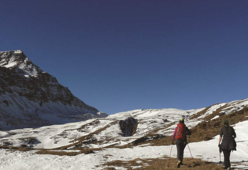 The picture shows two female mountaineers from behind, walking with poles across a partially snow-covered mountain meadow. 