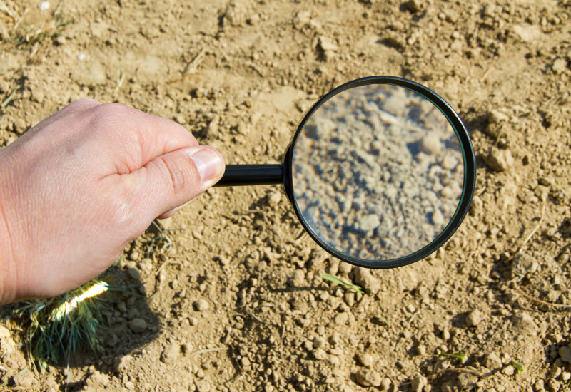 The issue of microplastics in soils - a danger for humans and the environment? You can see a hand with a magnifying glass examining the soil. 