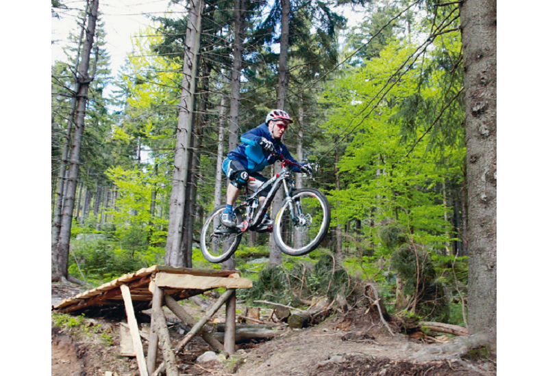 Ein hölzerner Weg mit Absprungfläche für Mountain Biker verläuft im Wald als Downhill-Strecke im Fichtelgebirge. Im Vordergrund passiert ein Mountainbiker gerade die Absprungläche.