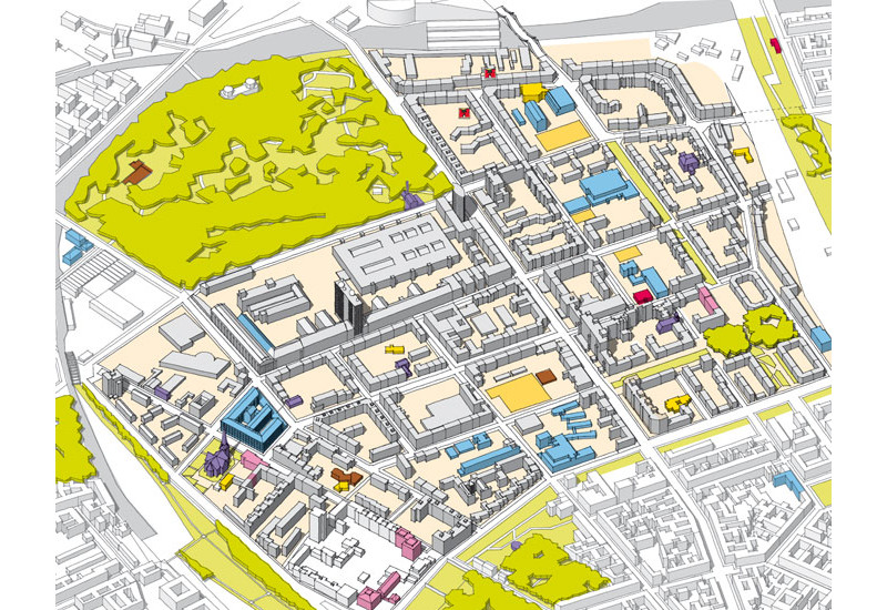Ein 3D-Plan des Kiezes Brunnenviertel in dem einzelne Bereiche/Gebäude mit verschiedenen Farben markiert sind.