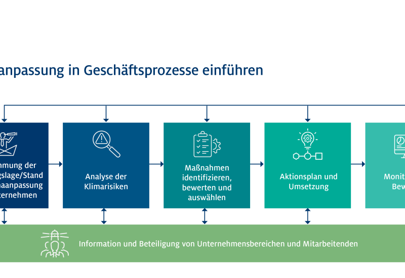 Schematische Abbildung des systematischen Klimaanpassungsprozesses. Der Text steht in Boxen in den Farben Dunkelblau bis Türkis.