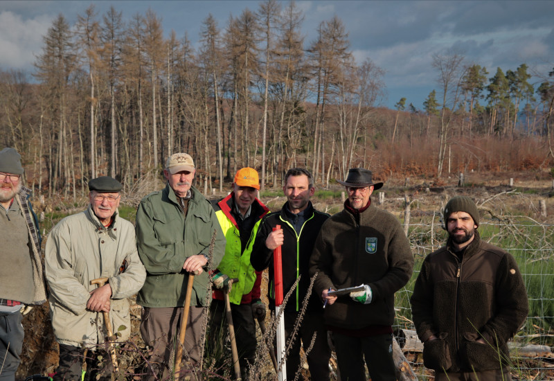 Es stehen sieben Personen in einer Waldfläche. Vier personen halten einen Spaten.