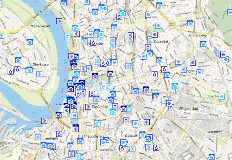 Kartenausschnitt der Düsseldorfer Karte der kühlen Orte