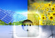 Collage: Solarpark, Sonnenblumenfeld, Windkraftanlagen und Rapsfeld mit Energiefreileitung, in der Mitt eine Steckdose