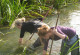 two women are fishing in the water to take some samples