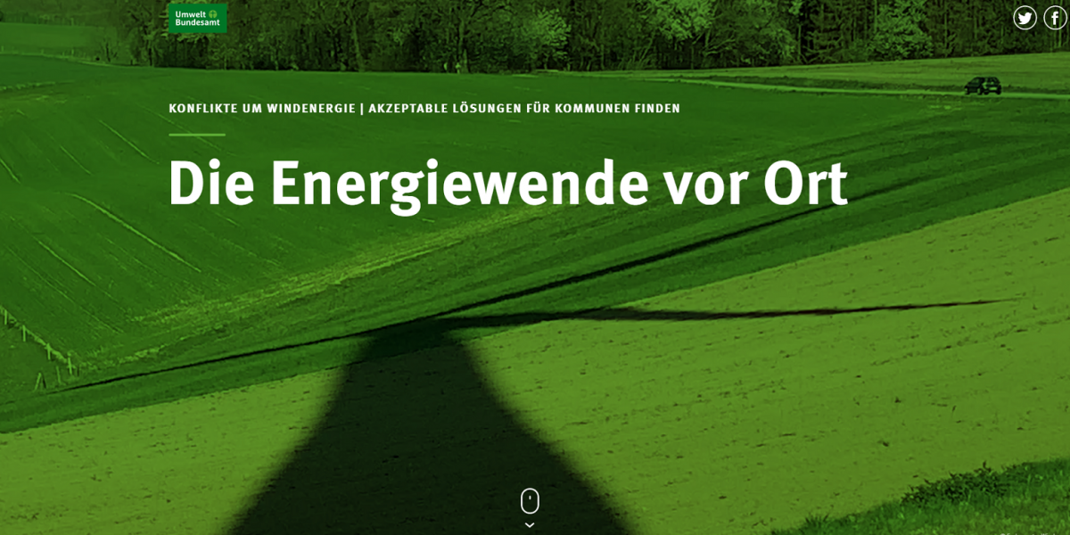 Startansicht des Scrollytellings "Die Energiewende vor Ort". Auf dem Hintergrundbild wirft eine Windkraftanlage einen Schatten auf ein Feld