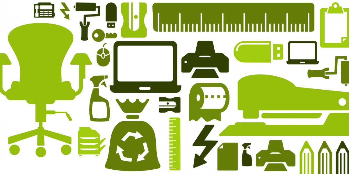 Das Symbolbild für umweltfreundliche Beschaffung zeigt unterschiedliches Büromaterial und Baumaterial