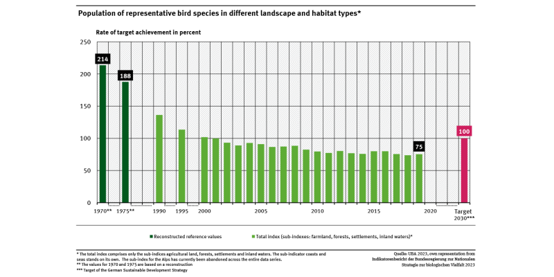 A graph shows the development of the population of representative bird species for different landscapes and the development of an aggregate indicator for 1970, 1975 and from 1990 to 2019 in percent. The aggregate indicator decreases significantly from 214 in 1970 to 75 in 2019.