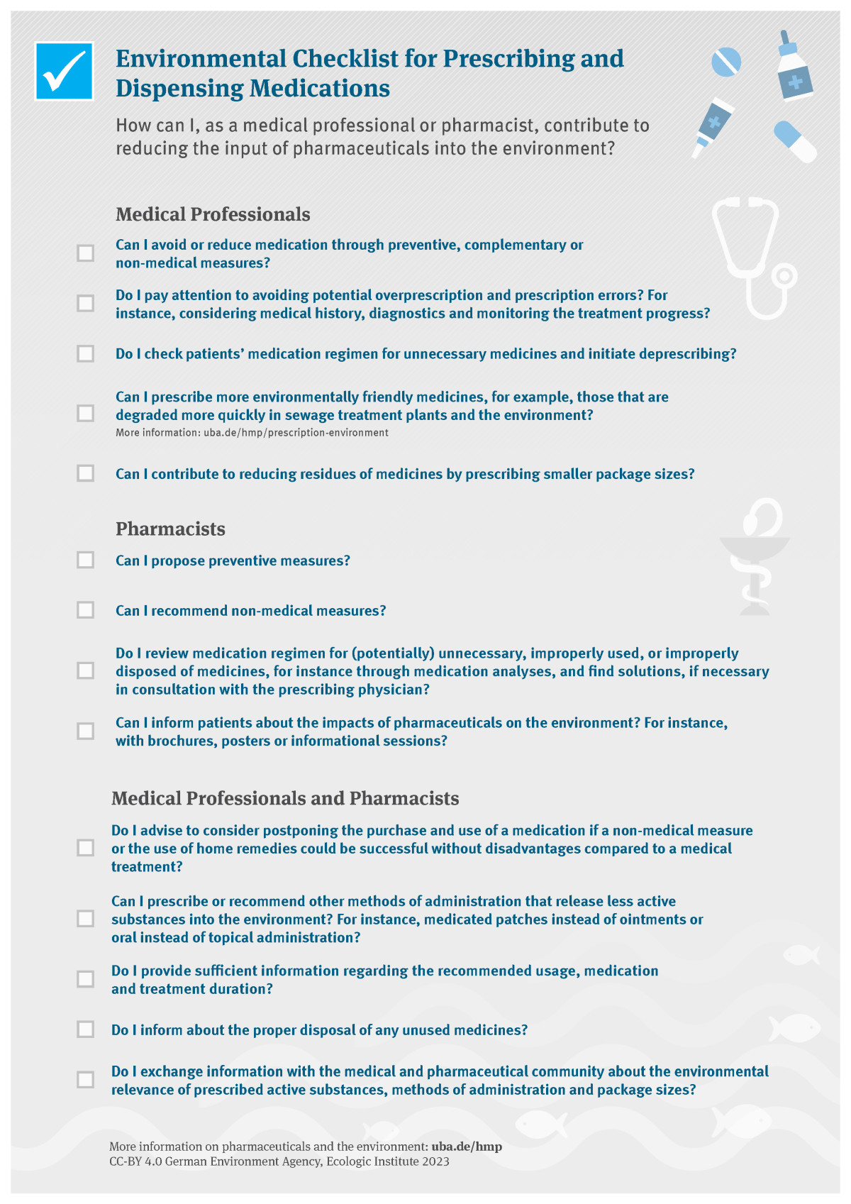 List of suggestions for preventing the release of pharmaceuticals into the environment. Text content: Environmental Checklist for Prescribing and Dispensing Medications