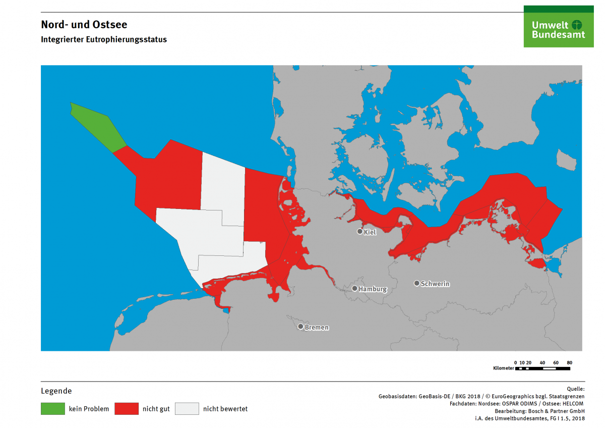 Der Eutrophierungszustand ist in der gesamten deutschen Ostsee und in großen Teilen der deutschen Nordsee nicht gut.
