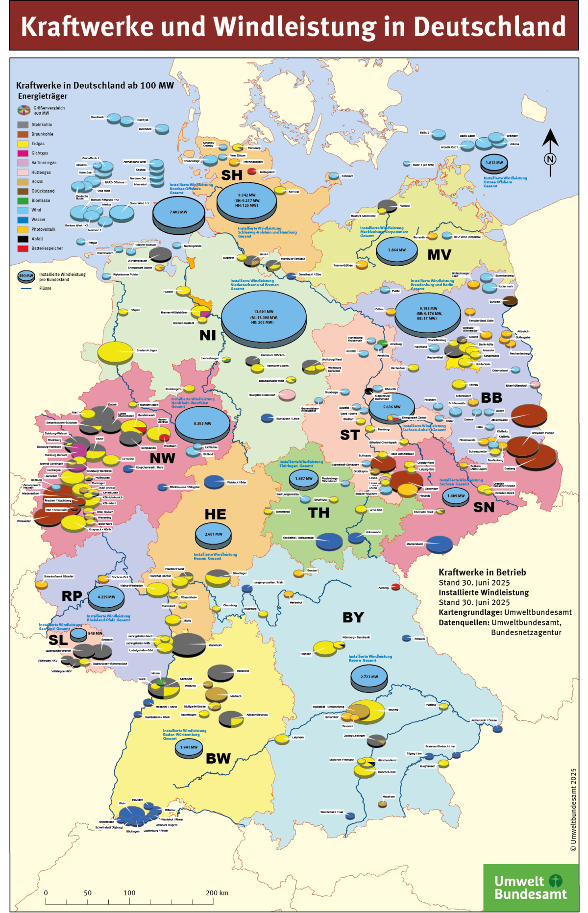 Die Karte zeigt Kraftwerke ab 100 MW sowie die installierte Windleistung in Deutschland, den einzelnen Bundesländern und auf See.