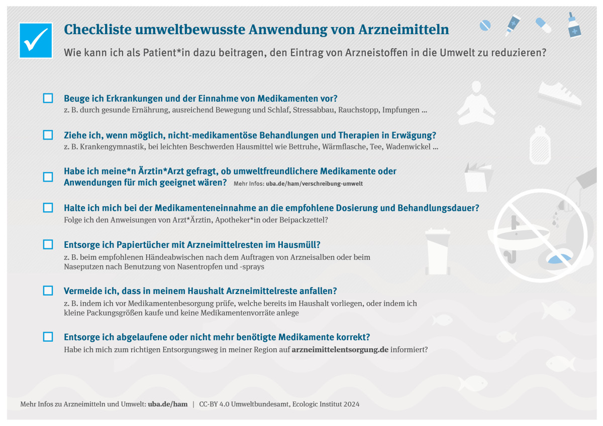Liste mit Anregungen zur Vermeidung des Eintrags von Arzneistoffen in die Umwelt. 