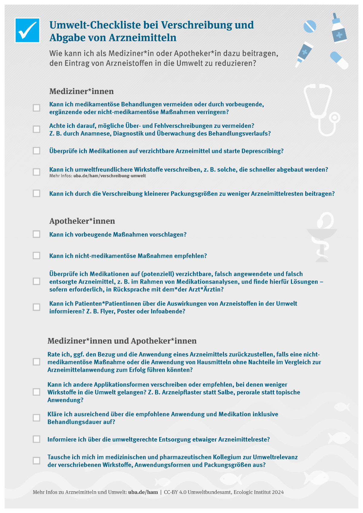 Liste mit Anregungen zur Vermeidung des Eintrags von Arzneistoffen in die Umwelt.