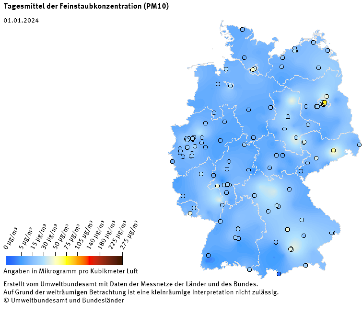 Tagesmittel der Feinstaubkonzentration (PM10) - Neujahr 2024