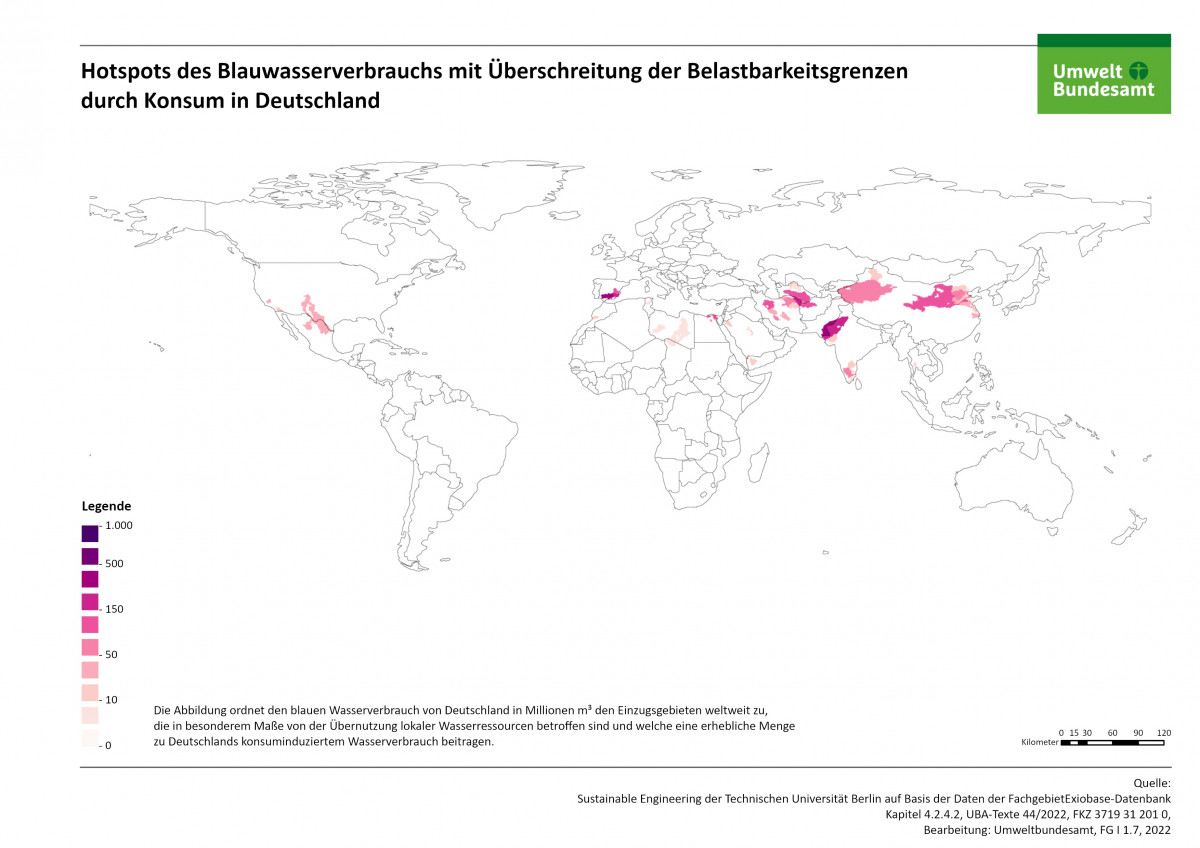 Statische Karte: Vom gesamten konsuminduzierten blauen Wasserverbrauch von Deutschland von 22.119 Millionen m³ sind mit 2.037 Millionen m³ ca. 9,7 % nicht nachhaltig. Dies ist vor allem im Mittleren Osten und Spanien sowie in Asien der Fall, hier vor allem in China und Indien, aber auch in Nordafrika, in den USA in der Mississippi-Region und in Kalifornien, in der Türkei, in Mexiko und Griechenland.
