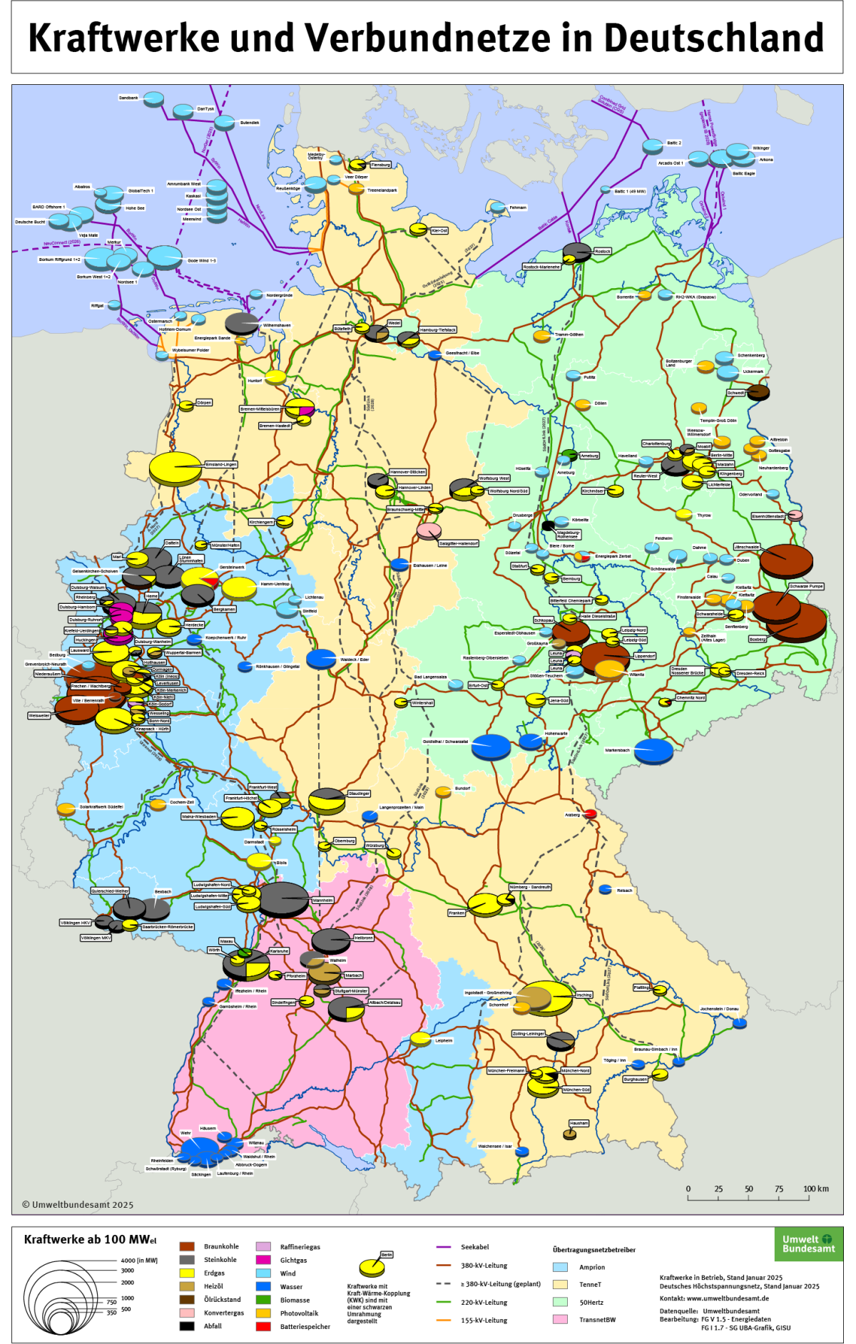 In der Karte der Kraftwerksstandorte sind Kraftwerke der öffentlichen Stromversorgung und Industriekraftwerke  mit einer Bruttoleistung ab 100 MW verzeichnet. Weiterhin sind die Höchstspannungsleitungen in den Spannungsebenen 380 kV und 220 kV eingetragen.