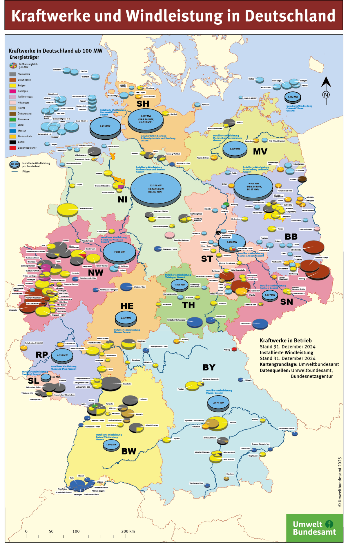 Die Karte zeigt Kraftwerke ab 100 MW sowie die installierte Windleistung in Deutschland, den einzelnen Bundesländern und auf See.