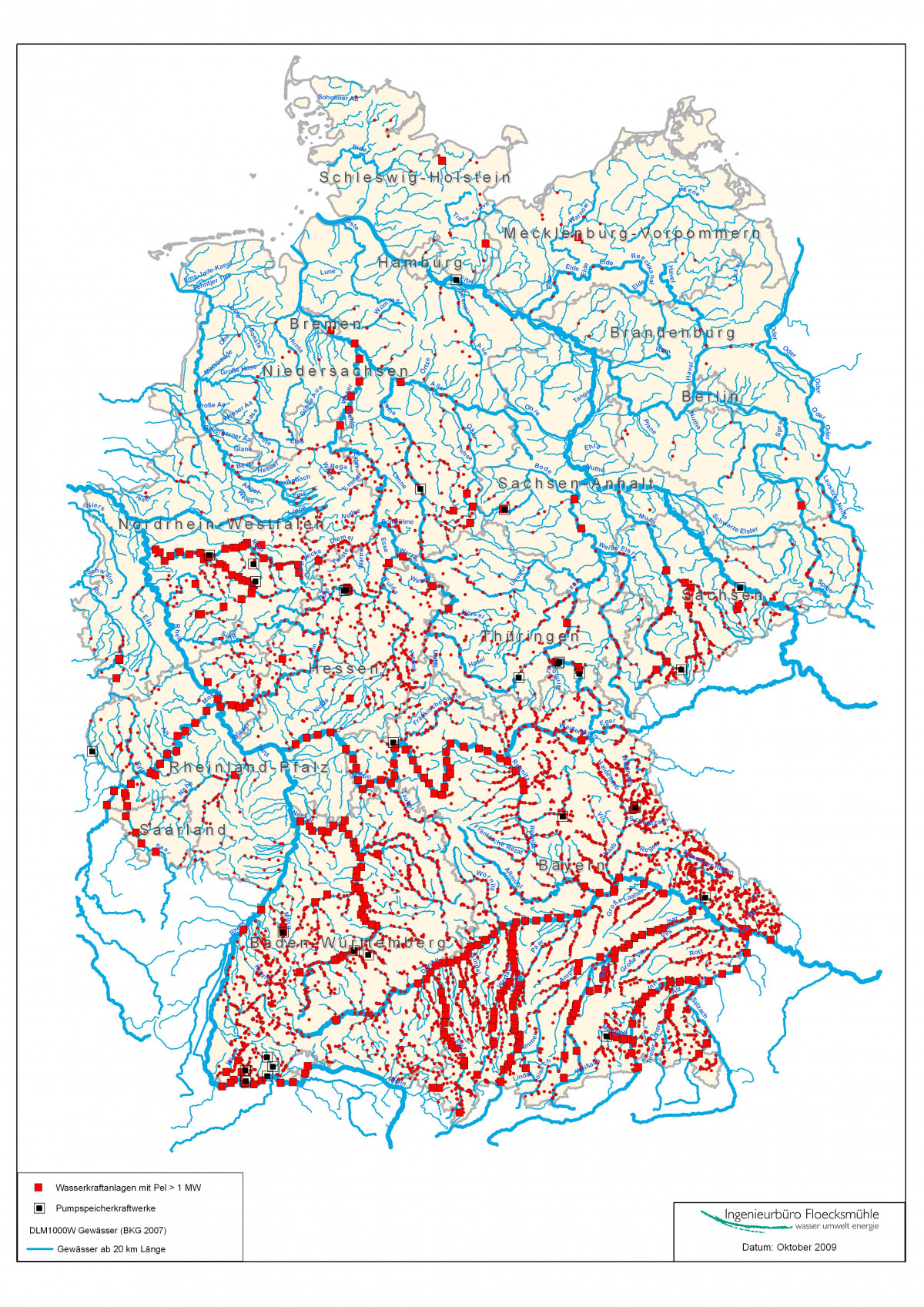 Deutschlandkarte auf der die Standorte der Wasserkraftwerke eingezeichnet sind. 