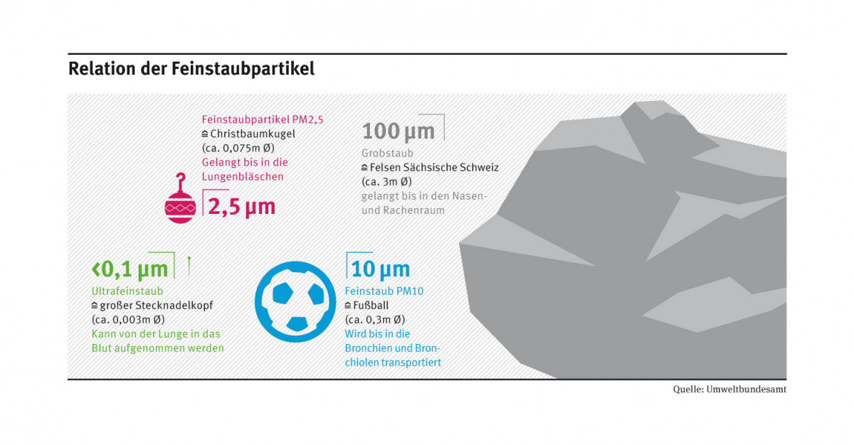 PM2,5 ist in Relation zu anderen Feinstaubpartikeln etwa so groß wie eine Christbaumkugel (ca. 0,075m im Durchmesser). PM10 ist so groß wie ein Fußball (ca. 0,3 m i.D.). Großstaub ist so groß wie ein 3-Meter-Felsen, Ultrafeinstaub wie ein Stecknadelkopf