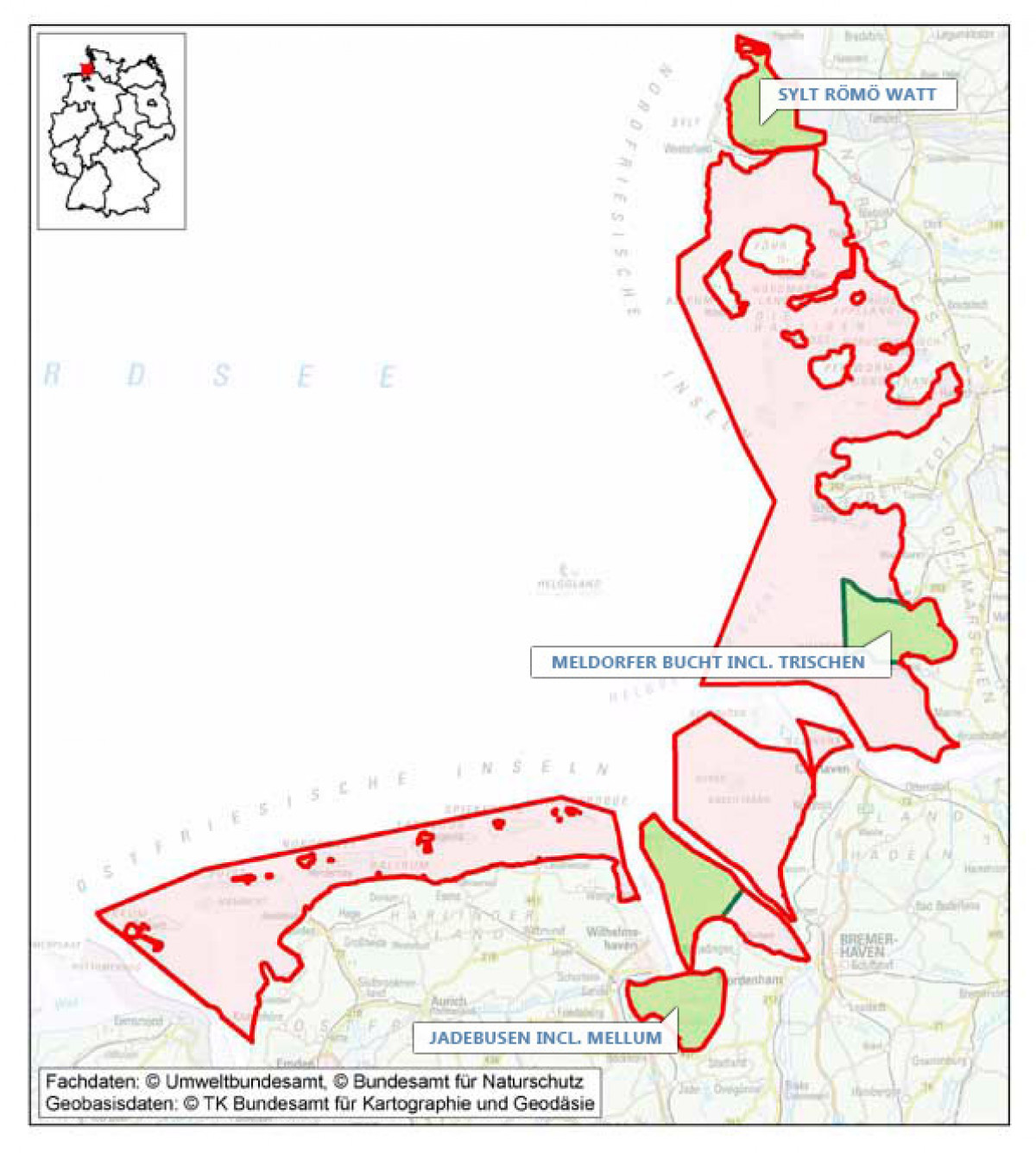 Eine Karte zeigt das Probenahmegebiet in den Nationalparks/Biosphärenreservaten (NP/BR) Schleswig-Holsteinisches und Niedersächsisches Wattenmeer, die sich über eine Fläche von 6.800 Quadratkilometer erstrecken.