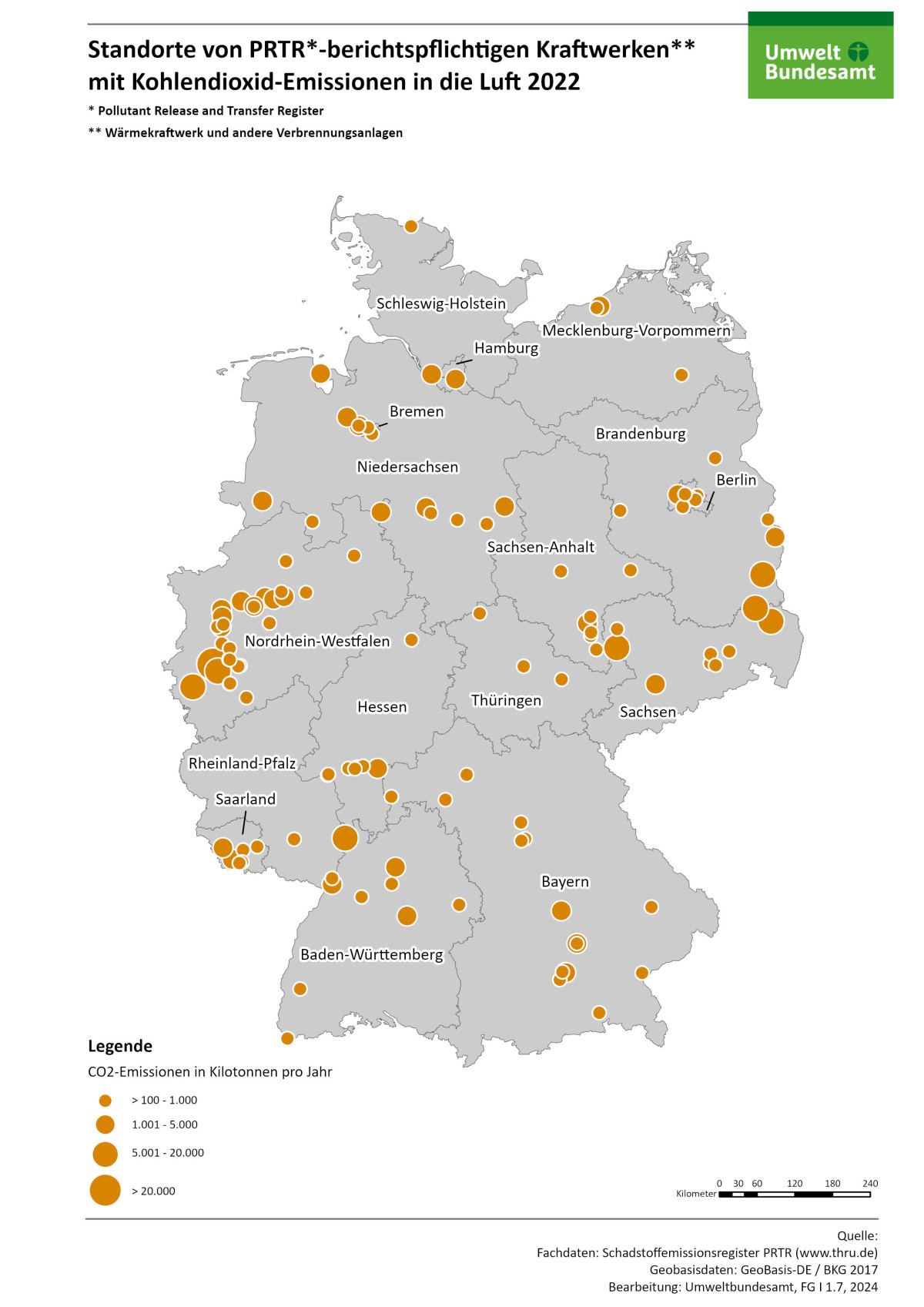 Die Karte zeigt die räumliche Verteilung der PRTR-berichtspflichtigen Wärmekraftwerke und anderen Verbrennungsanlagen unter Angabe der jeweiligen Kohlendioxid-Emissionsmengen in die Luft für das Berichtsjahr 2022.