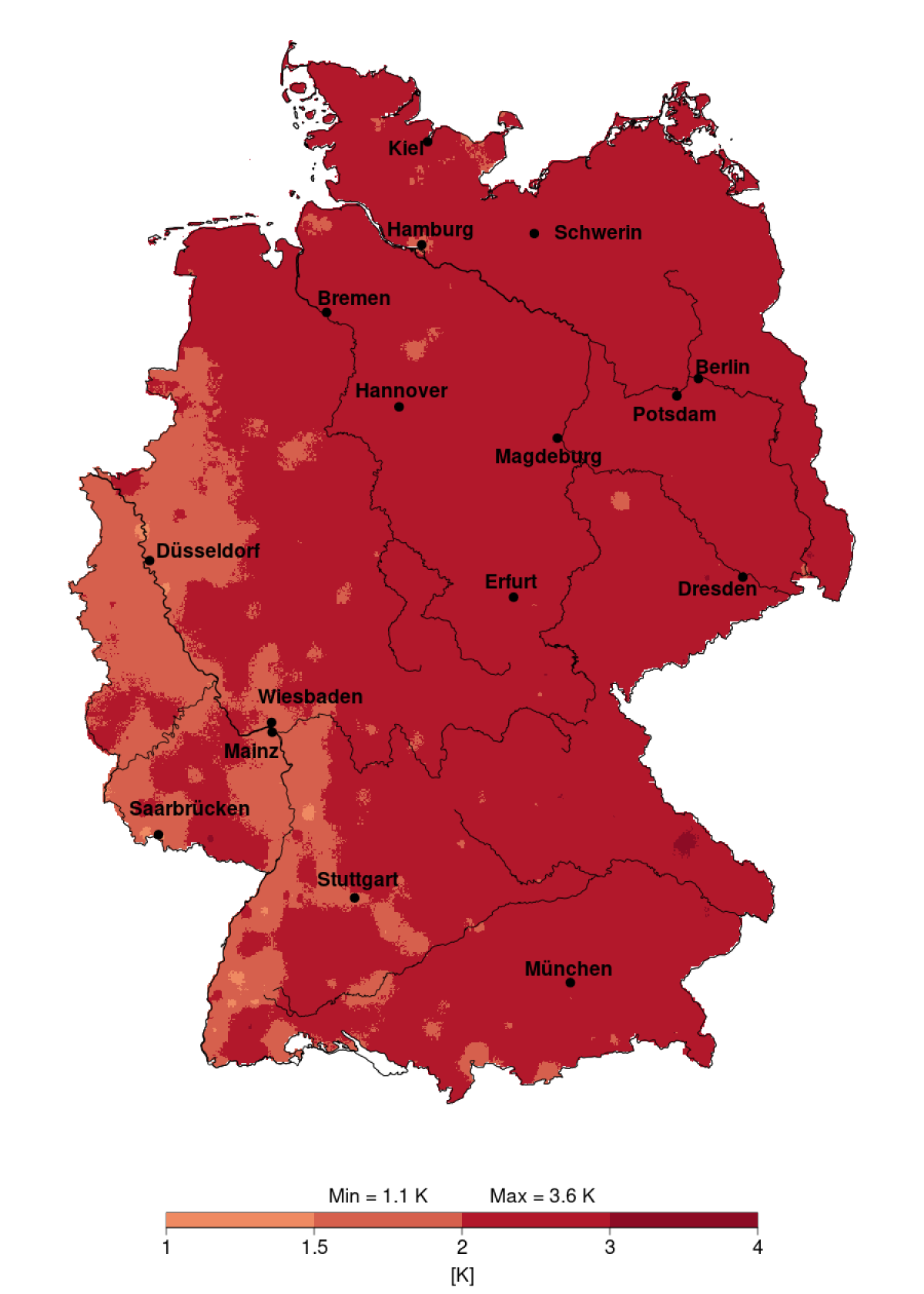 Deutschlandkarte: Im Vergleich zum Normalwert sind die Lufttemperaturen in Deutschland überall gestiegen. Nördlich der Linie Düsseldorf – Erfurt – Dresden überwiegend um 1,5 K bis 2 K, unter dieser Linie meist sogar 2 K bis 3 K. Das äußere Ende der Spannweite (+1,1 K / +3,6 K) wird nur punktuell erreicht.