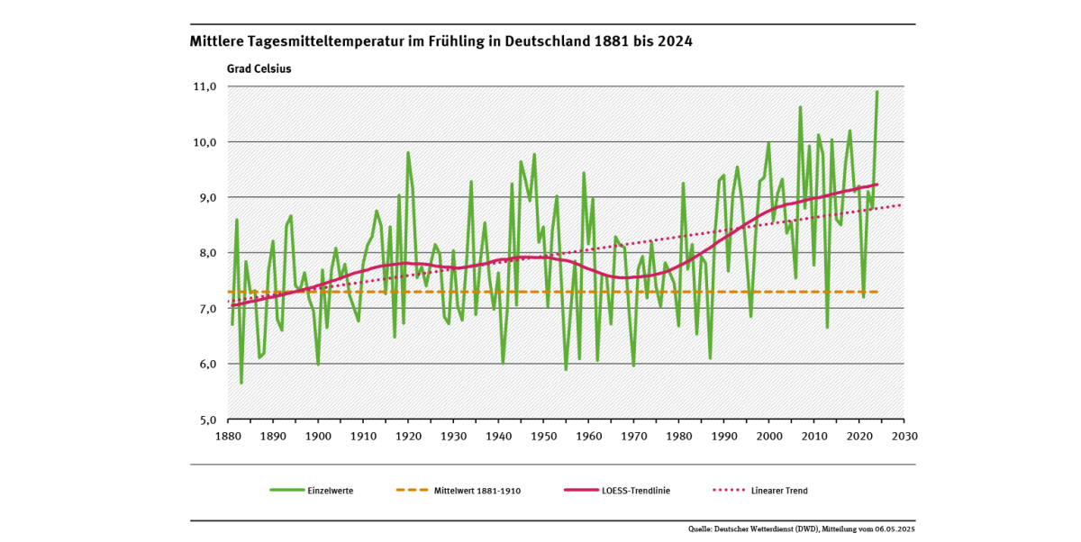 Ein Diagramm zeigt die jährlichen Tagesmitteltemperaturen in Deutschland im Frühling für den Zeitraum 1881 bis 2024 sowie den deutlich steigenden linearen Trend (+1,7 °C).