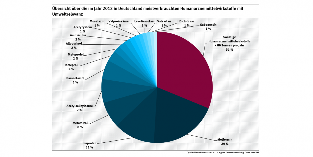 Ein Kreisdiagramm zeigt, dass im Jahr 2012 in Deutschland Menschen mit rund 8.120 Tonnen Arzneimittelwirkstoffen behandelt wurden. Fast zwei Drittel davon entfallen auf 16 Wirkstoffe, die gegen Zuckerkrankheit, Schmerzen, Entzündungen oder Bluthochdruck eingesetzt werden.