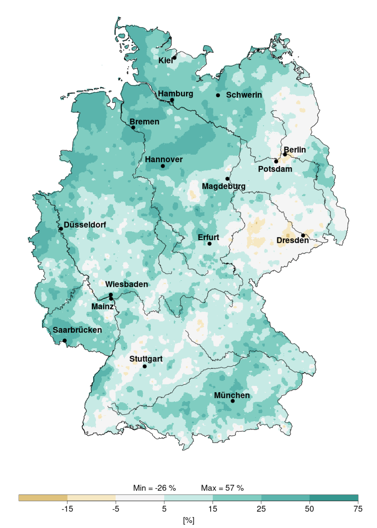 Deutschlandkarte: Im Vergleich zum Normalwert 1971-2000 liegen die Niederschläge in Deutschland fast überall deutlich höher. Ein Überschuss von +25 % bis +50 % zeigt sich vor allem im nördlichen Teil Deutschlands. Entlang des Rheins und im nördlichen Teil Baden-Württembergs liegt das Niederschlagsdefizit bei -5 % bis – 15 %.
