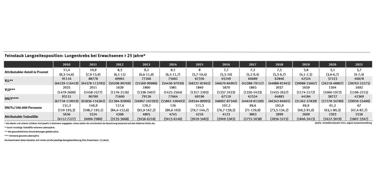 Tabelle: Mit Ausnahme des größeren Anstiegs der Krankheitslast von 2012 auf 2013 ist die Anzahl der DALYs ab dem Jahr 2013 rückläufig, wobei in den letzten drei Berechnungsjahren eher eine Stagnation der feinstaubbedingten Krankheitslast erkennbar ist.