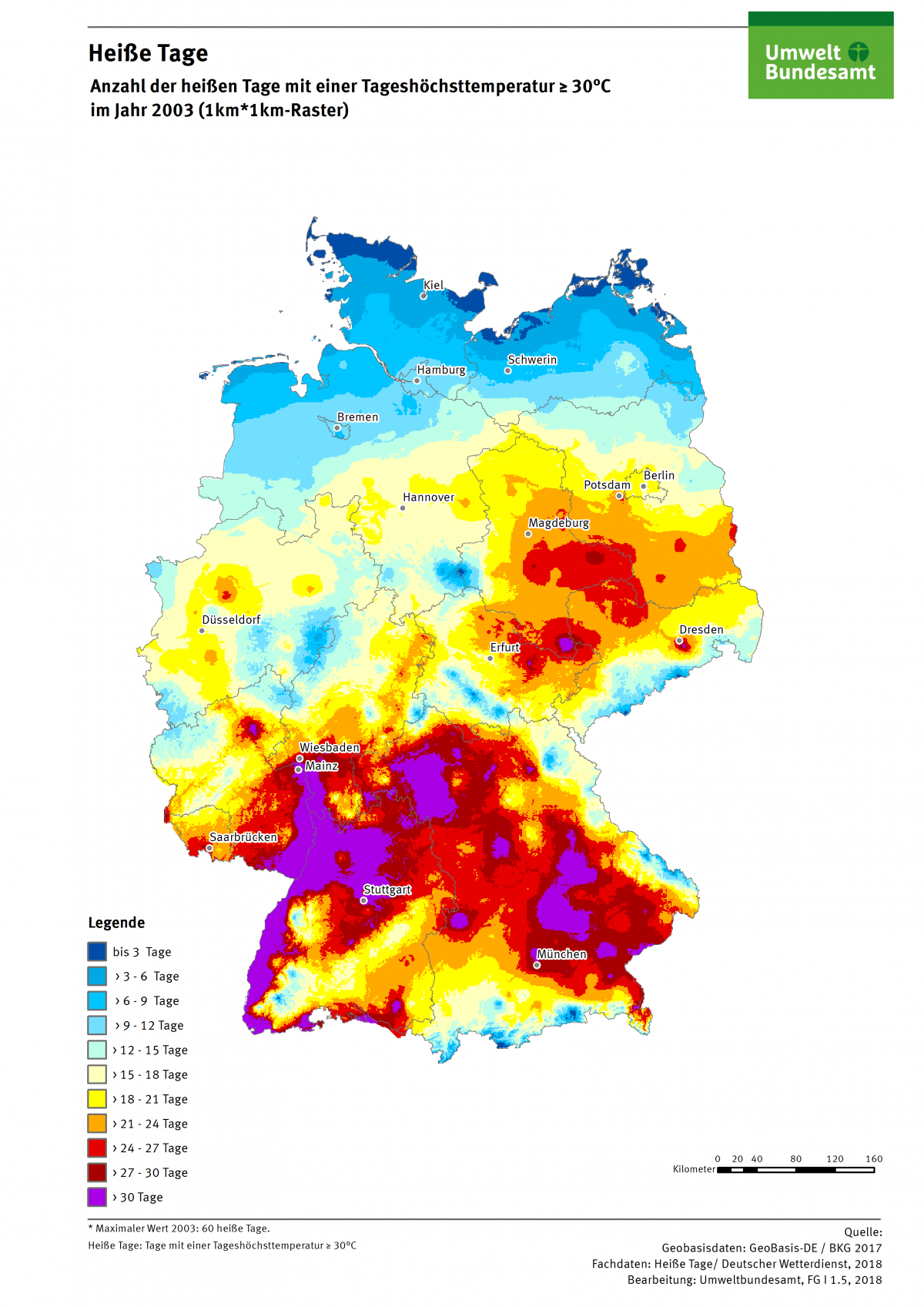 Die Karte zeigt die Anzahl Heißer Tage in Deutschland im Jahr 2003. Maximal gab es in diesem Jahr 60 Heiße Tage in Deutschland.