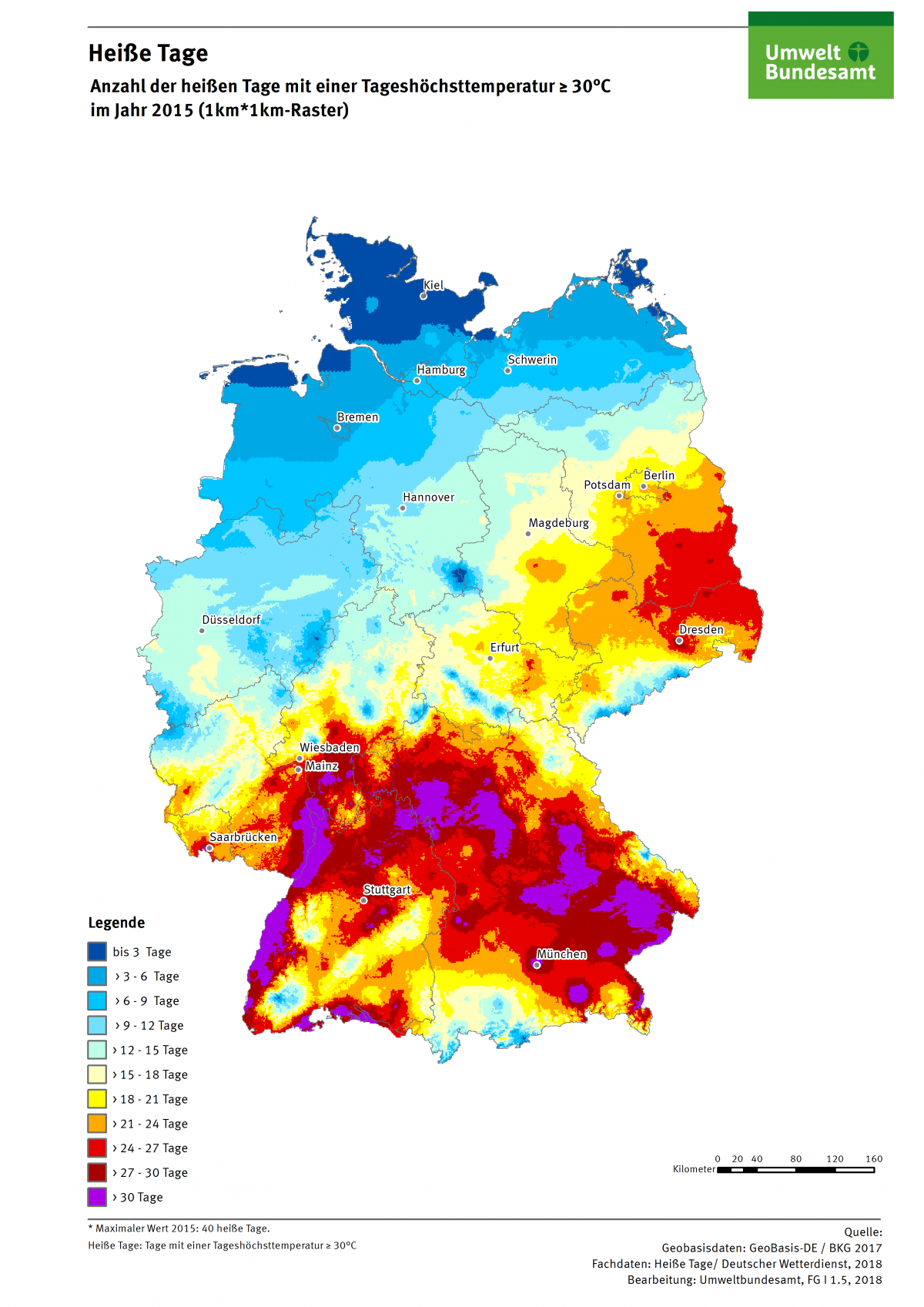 Die Karte zeigt die Anzahl Heißer Tage in Deutschland im Jahr 2015. Maximal gab es in diesem Jahr 40 Heiße Tage in Deutschland.