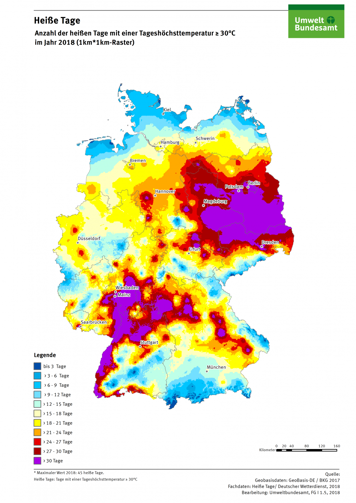 Die Karte zeigt die Anzahl Heißer Tage in Deutschland im Jahr 2018. Maximal gab es in diesem Jahr 45 Heiße Tage in Deutschland.