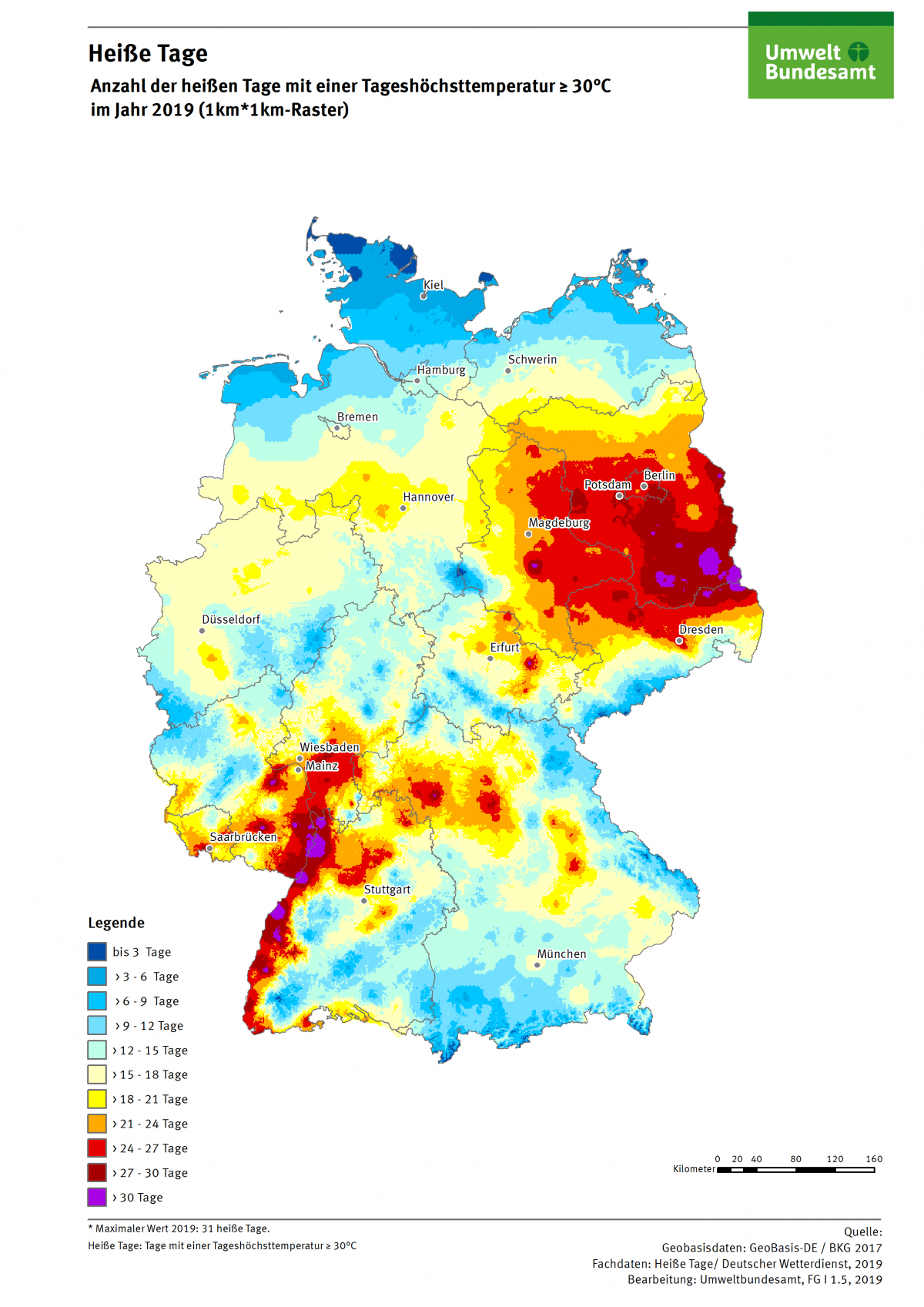 Die Karte zeigt die Anzahl Heißer Tage in Deutschland im Jahr 2019. Maximal gab es in diesem Jahr 30 Heiße Tage in Deutschland.