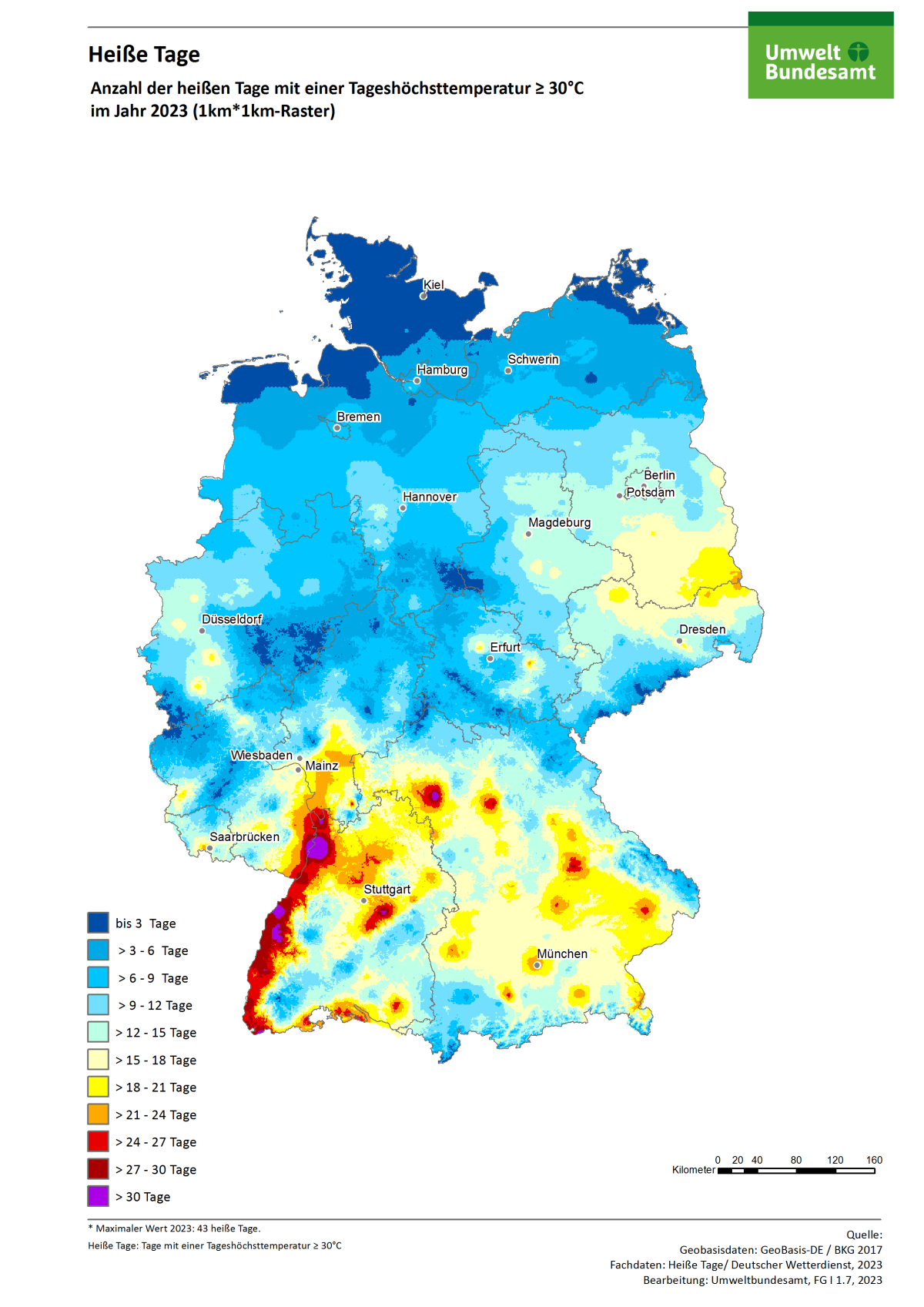 Die Karte zeigt die Anzahl Heißer Tage in Deutschland im Jahr 2023. Maximal gab es in diesem Jahr 43 Heiße Tage in Deutschland.