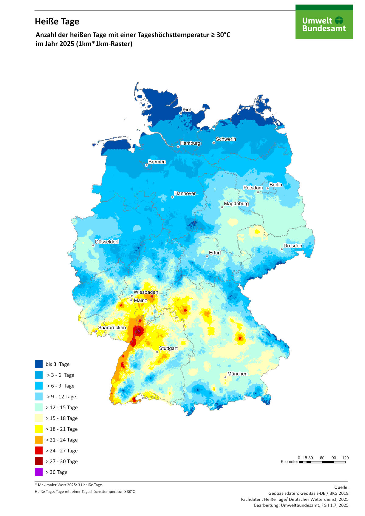 Die Karte zeigt die Anzahl Heißer Tage in Deutschland im Jahr 2025. Maximal gab es in diesem Jahr 31 Heiße Tage in Deutschland.