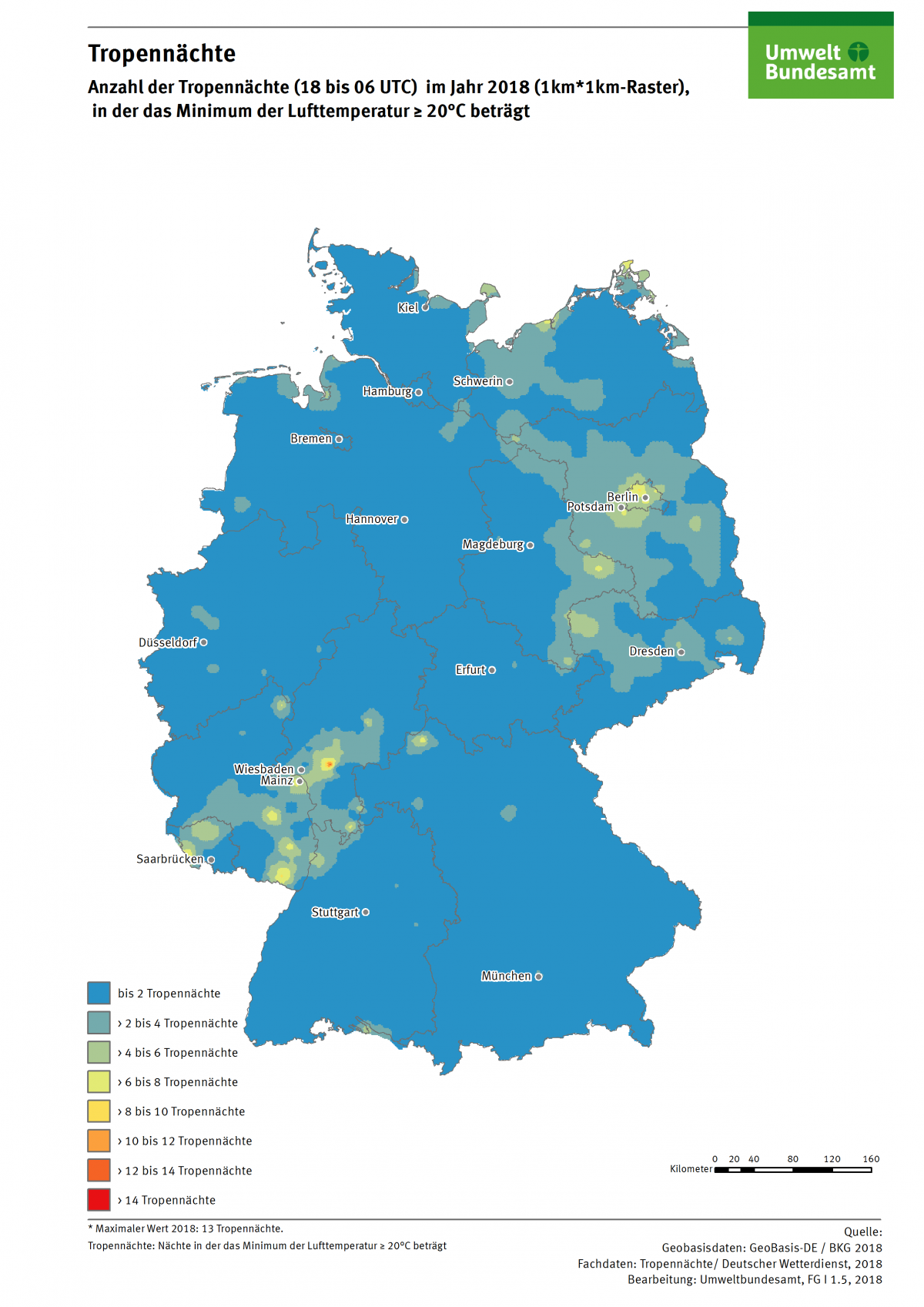 Die Karte zeigt die Anzahl der Tropennächte in Deutschland im Jahr 2018. In diesem Jahr gab es in einzelnen Regionen bis zu 13 Tropennächte.