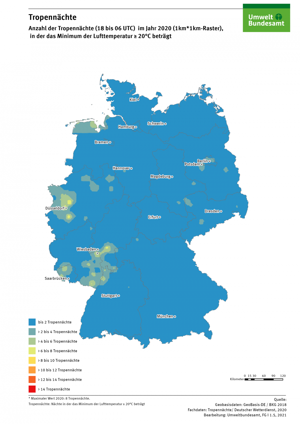 Die Karte zeigt die Anzahl der Tropennächte in Deutschland im Jahr 2020. In diesem Jahr gab es in einzelnen Regionen bis zu 8 Tropennächte.