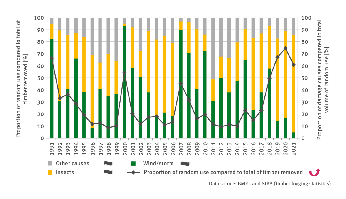 The illustration FW-I-5 ’Damaged timber – extent of random use’ contains a biaxial chart. The chart shows the proportion of random use compared to the logging total in per cent as a line, and the proportion of damage causes compared to the total of random use in per cent in terms of stacked columns. A differentiation is made between causes such as wind/storm, insects and other causes. The proportion of random use decreased steadily until the turn of the century, amounting to roughly 10 per cent in 1999. 