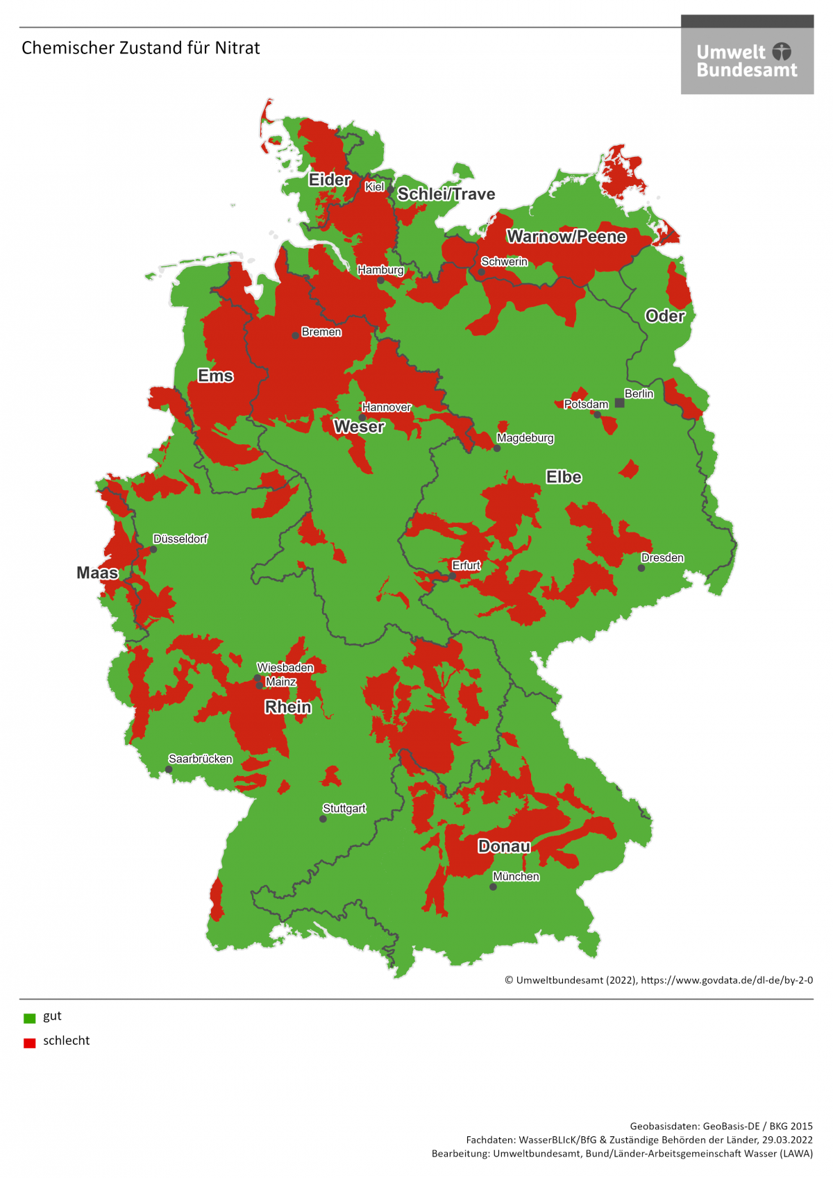 Grün/Rot gefärbte Flächen auf Deutschlandkarte mit den Zuständen zur Zielverfehlung durch Nitrat