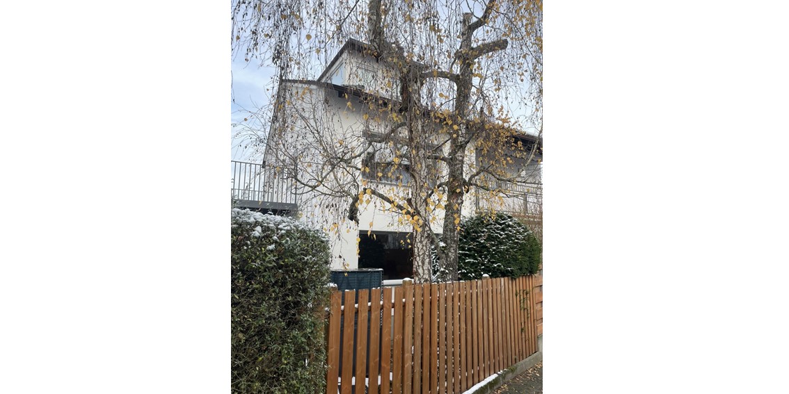 Ein Zweifamilienhaus hinter Holzzaun und blätterloser Birke. Über dem Zaun ist ein wenig von der Wärmepumpe zu sehen.