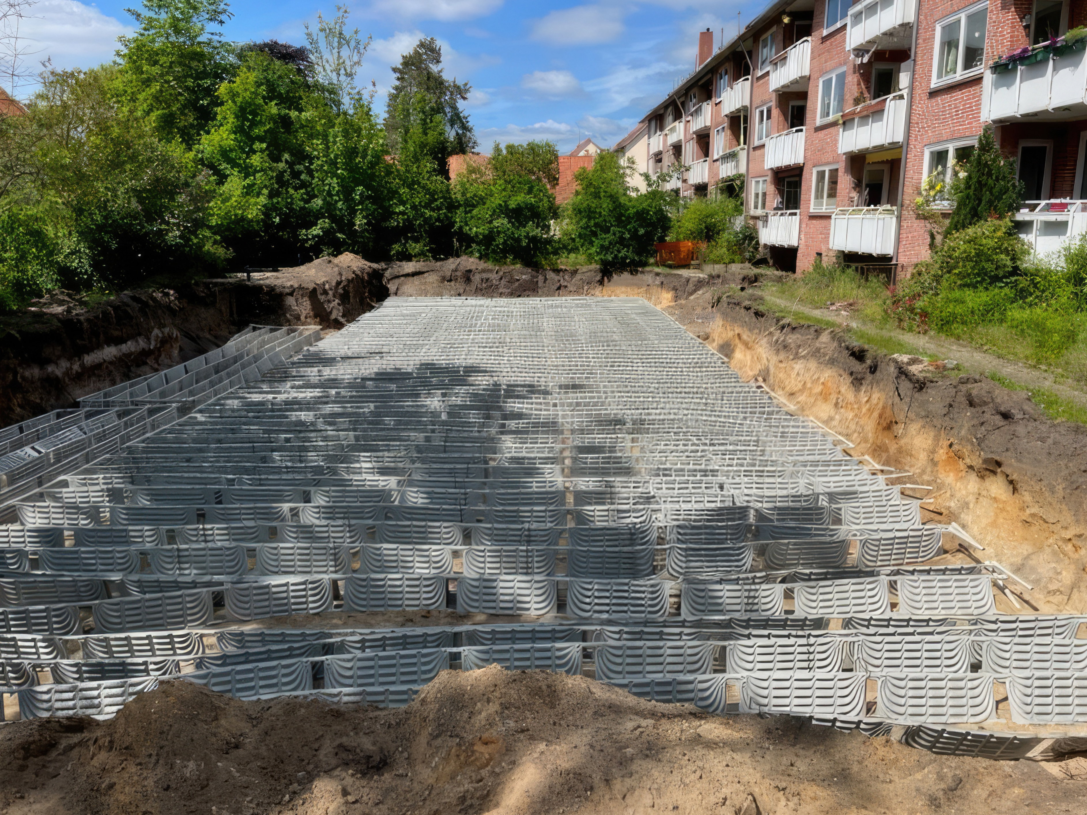 Baugrube mit Erdkollektorfeld, Ansicht frontal