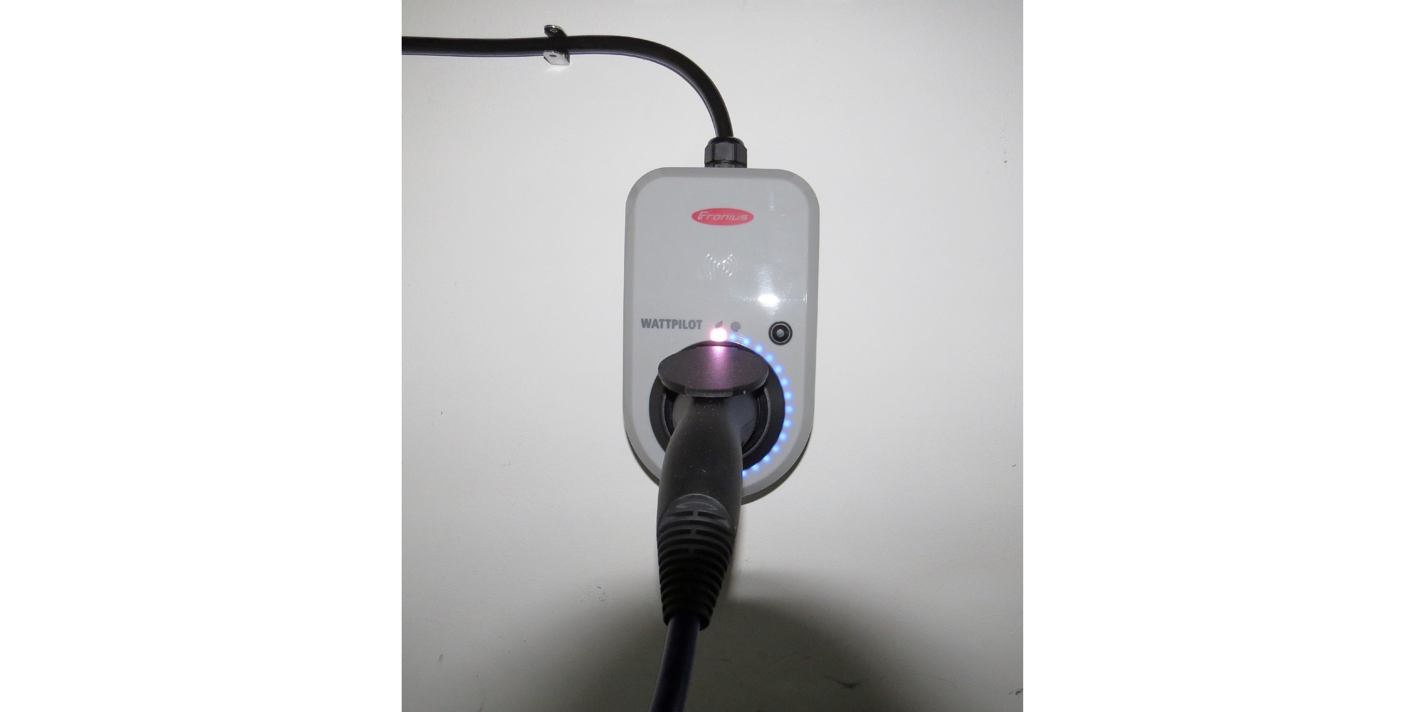 In die an der Wand montierte Lade-Steckdose ist ein schwarzes Ladekabel gesteckt. Von links kommt ein schwarzes Kabel, das dann von oben in den Wattpiloten führt.