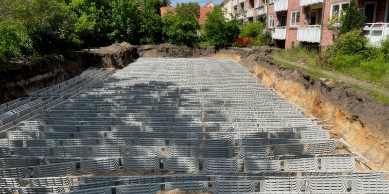 Baugrube mit Erdkollektorfeld, Ansicht frontal