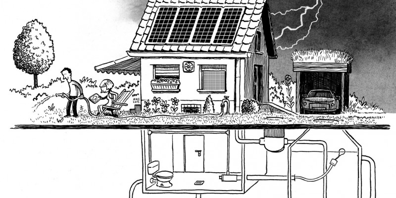 Die Illustration zeigt ein klimarobustes Haus mit Solaranlage sowie unterirdischem Wasserauffangbehälter. Ein einschlagender Blitz wird vom Blitzableiter des Hauses abgeleitet. Das Garagendach ist begrünt.