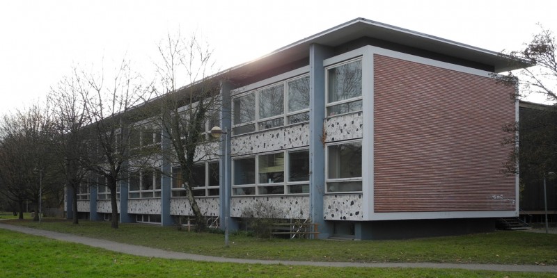 Ein flaches Schulgebäude mit großen Fenstern steht auf Rasen hinter einer kleiner Baumreihe.