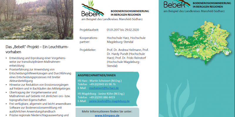 Faltblatt des Verbundprojektes Bodenerosionsminderung in bergigen Regionen am Beispiel des Landkreises Mansfeld-Südharz (BebeR)