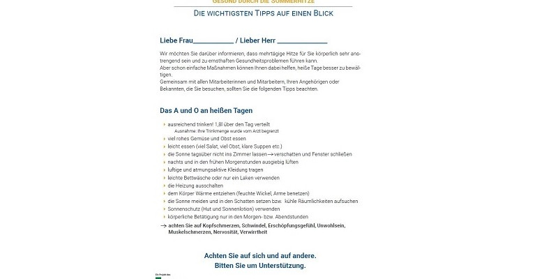 Dargestellt wird ein Infoschreiben an die Bewohner:innen stationärer Altenpflegeeinrichtungen, sodass sie über die gesundheitlichen Folgen und wichtige Präventionsmaßnahmen in Kenntnis gesetzt werden.