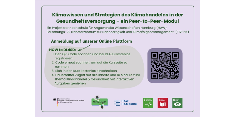 Rückseite der Postkarte des Projekts PeeK4Health mit einer Anleitung für die Anmeldung auf der Online-Lernplattform DL4SD.
