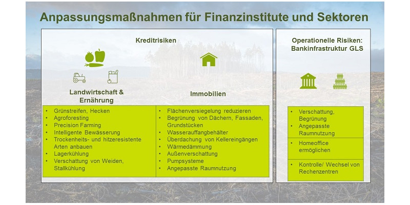 Graphische Darstellung in Grüntönen gehalten, der Text steht in Textboxen zum Thema: Anpassungsmaßnahmen für Finanzinstitute und Sektoren,